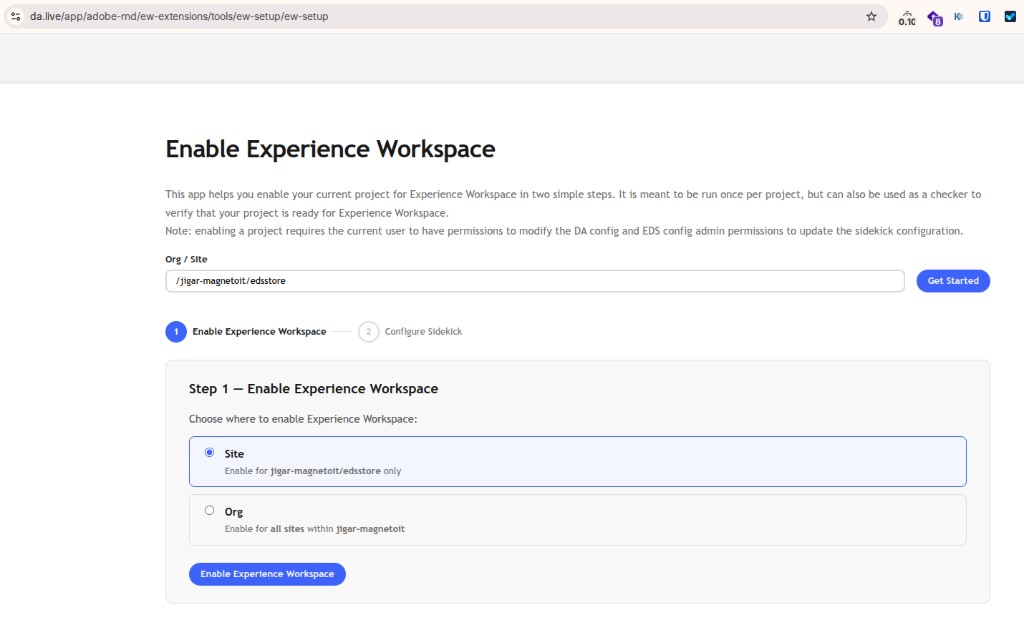 Enable Experience Workspace for jigar-magnetoit/edsstore, with Site selected and Configure Sidekick as the next step