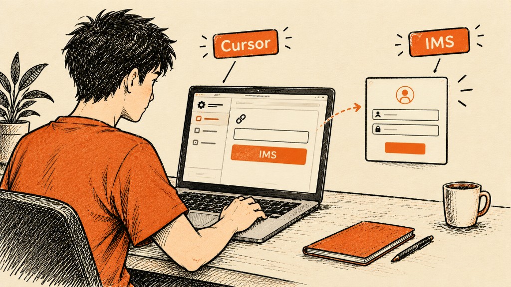 Cursor settings opening an IMS login beside the laptop