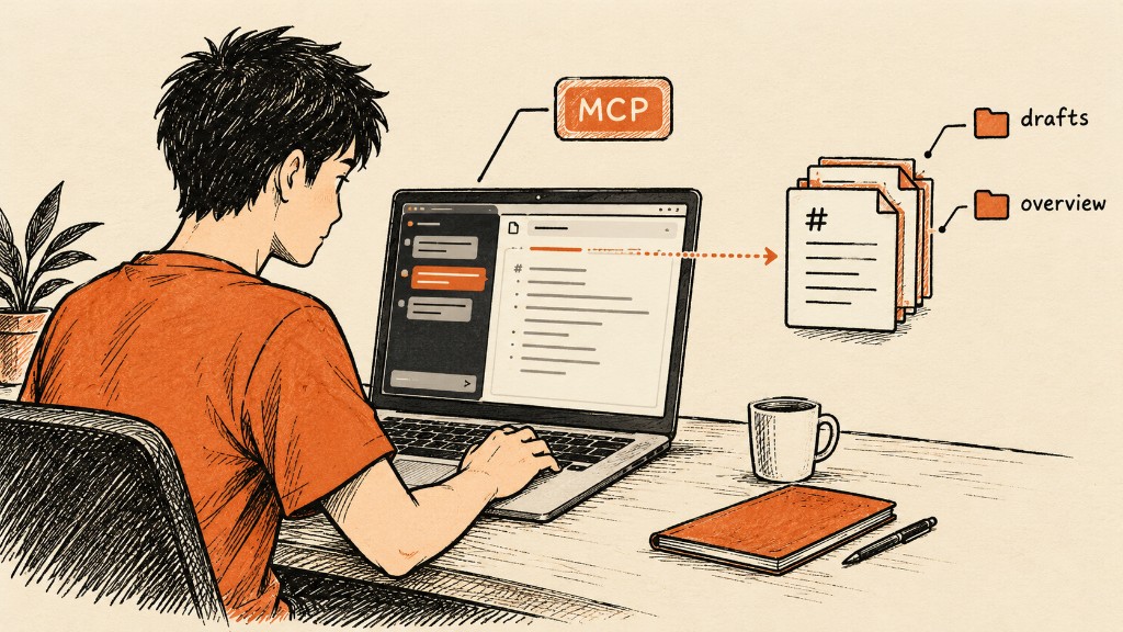 A developer in Cursor sending a chat edit through MCP into the drafts and overview files
