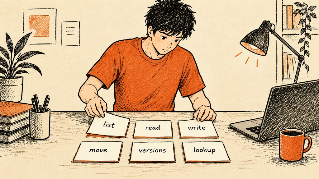 Six cards on a desk: list, read, write, move, versions, and lookup