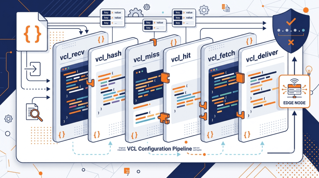 Fastly custom VCL snippets with Edge dictionaries and ACL IP allowlist concepts illustrated.